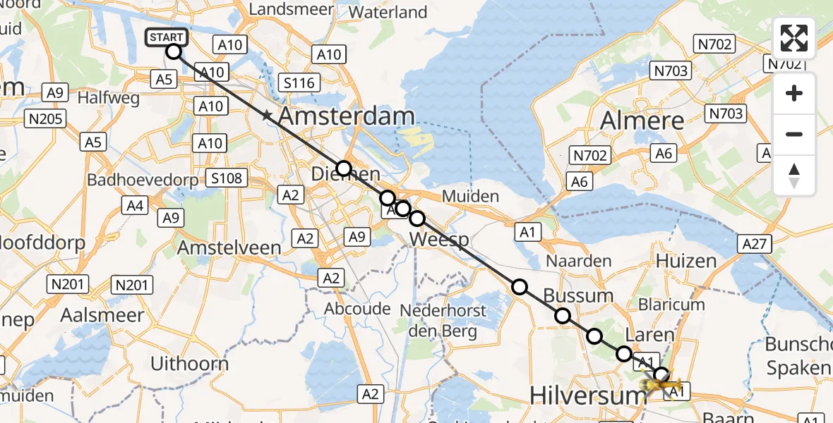 Vluchtroute Traumahelikopter Amsterdam Heliport - Eemnes, 03 oktober 2026, 05:29