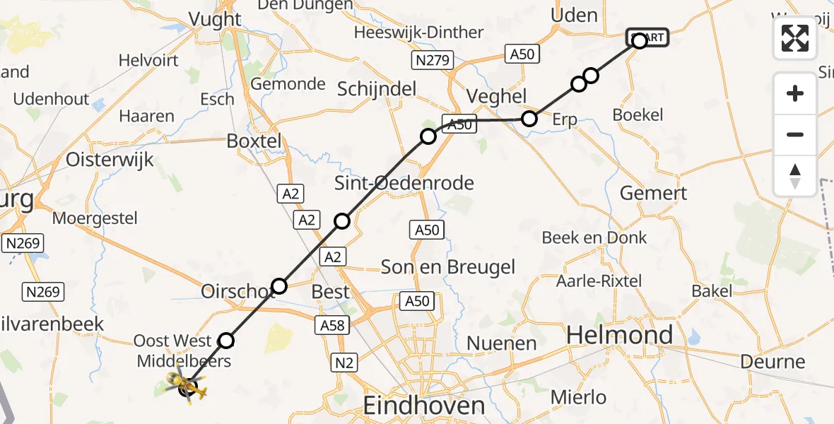 Vluchtroute Traumahelikopter Vliegbasis Volkel - Oost West en Middelbeers, 03 oktober 2026, 07:23
