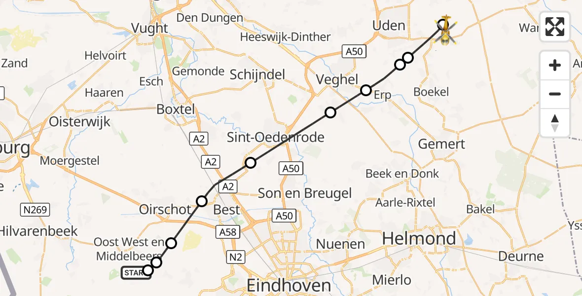 Vluchtroute Traumahelikopter Oost West en Middelbeers - Vliegbasis Volkel, 03 oktober 2026, 08:00