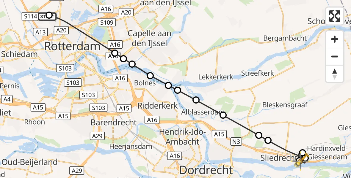 Vluchtroute Traumahelikopter Rotterdam The Hague Airport - Hardinxveld-Giessendam, 03 oktober 2026, 08:41