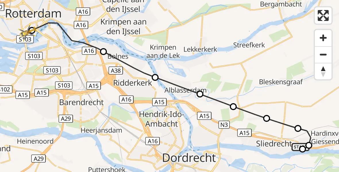 Vluchtroute Traumahelikopter Hardinxveld-Giessendam - Erasmus Medisch Centrum Heliport, 03 oktober 2026, 09:08
