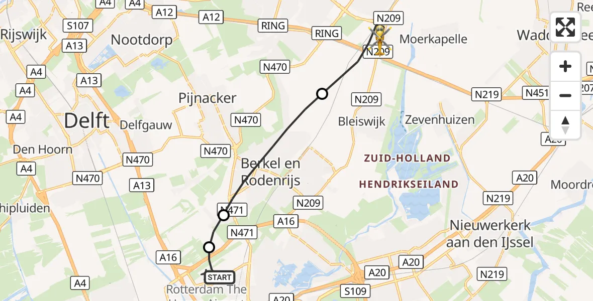 Vluchtroute Traumahelikopter Rotterdam The Hague Airport - Bleiswijk, 03 oktober 2026, 10:52
