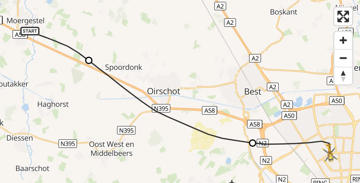 Vluchtroute Traumahelikopter Moergestel - Eindhoven, 03 oktober 2026, 12:10