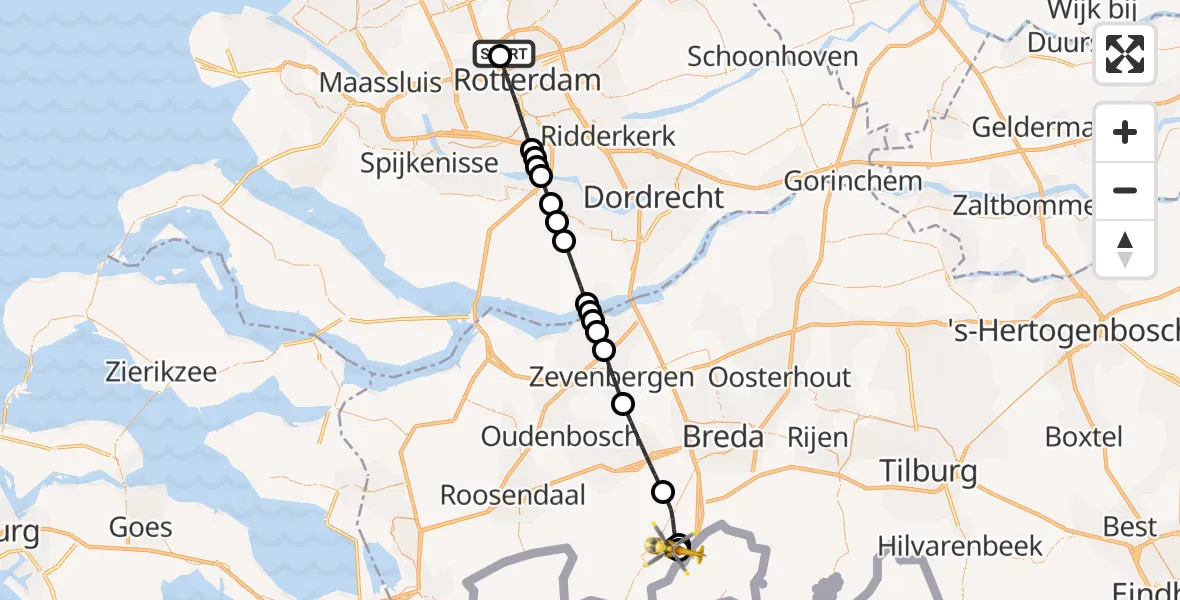 Vluchtroute Traumahelikopter Rotterdam The Hague Airport - Zundert, 03 oktober 2026, 12:23