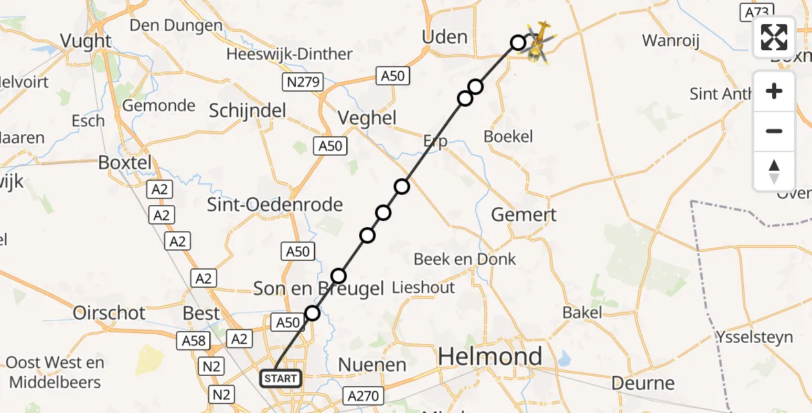 Vluchtroute Traumahelikopter Eindhoven - Vliegbasis Volkel, 03 oktober 2026, 12:55