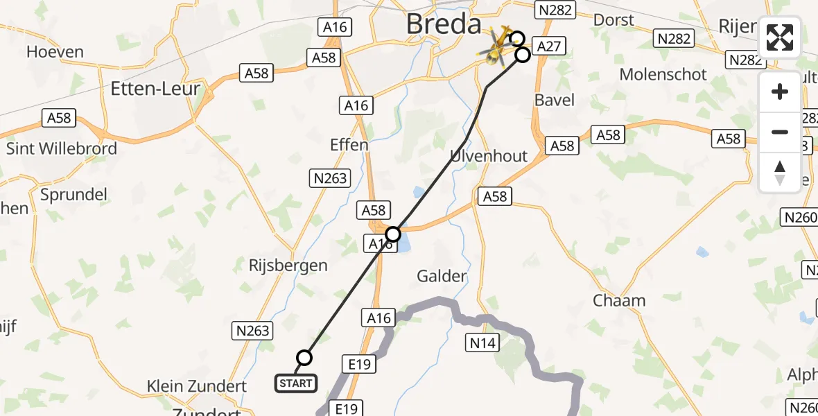 Vluchtroute Traumahelikopter Zundert - Breda, 03 oktober 2026, 13:17