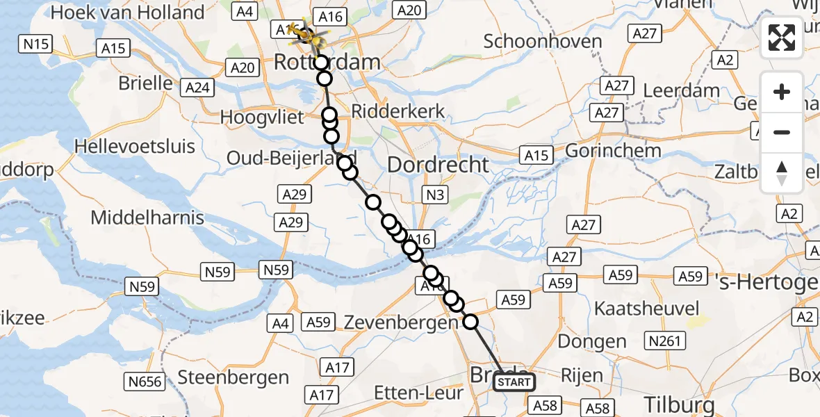 Vluchtroute Traumahelikopter Breda - Rotterdam The Hague Airport, 03 oktober 2026, 13:45