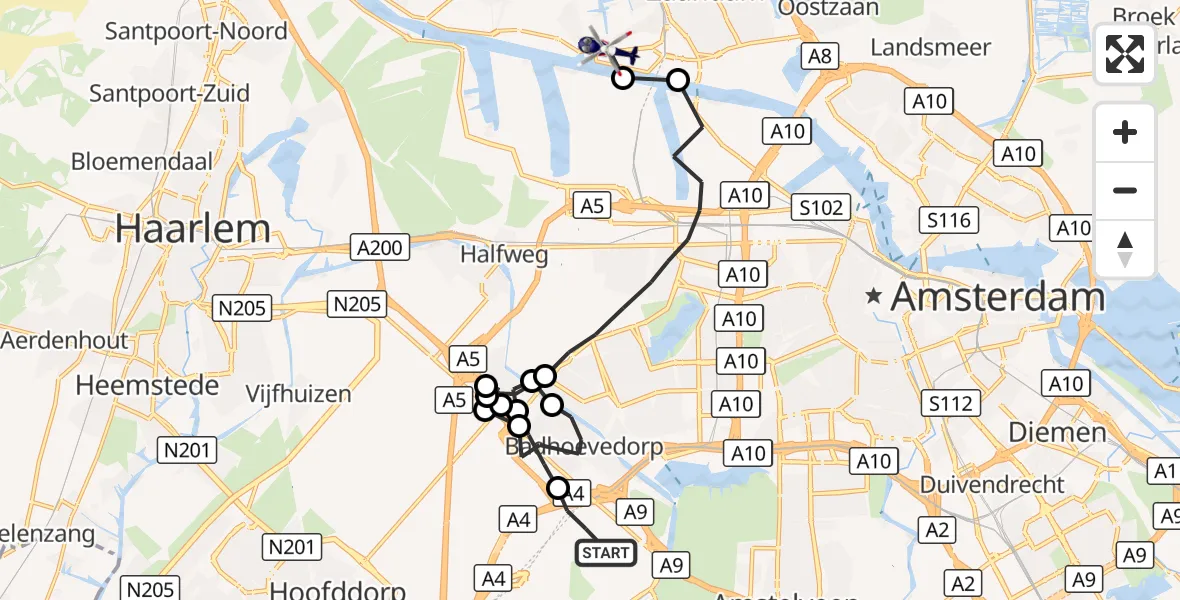 Vluchtroute Politiehelikopter Amsterdam Vliegveld Schiphol - Zaandam, 03 oktober 2026, 14:46
