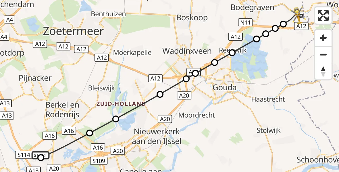Vluchtroute Traumahelikopter Rotterdam The Hague Airport - Nieuwerbrug aan den Rijn, 03 oktober 2026, 15:52