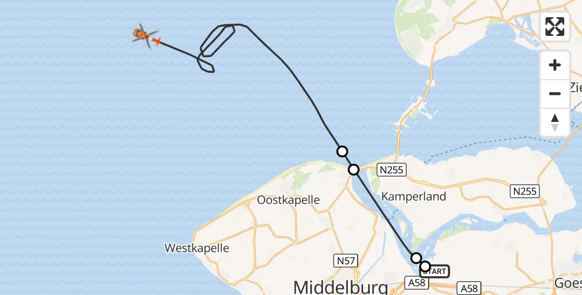 Vluchtroute Kustwachthelikopter Vliegveld Midden-Zeeland - Noordzee, 03 oktober 2026, 17:18