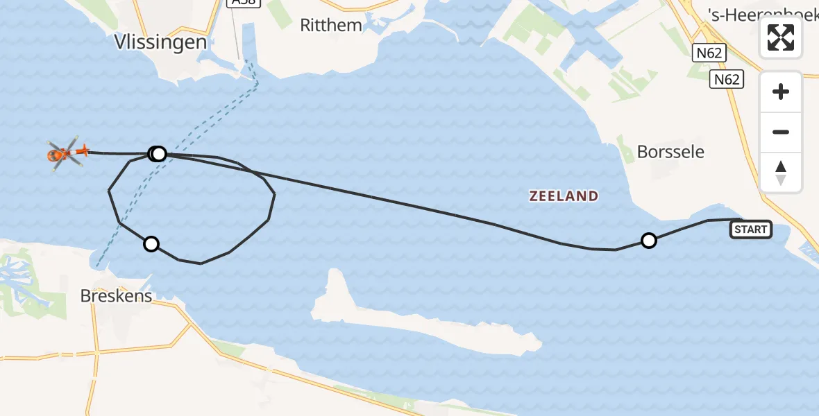Vluchtroute Kustwachthelikopter Borssele - Noordzee, 03 oktober 2026, 18:14