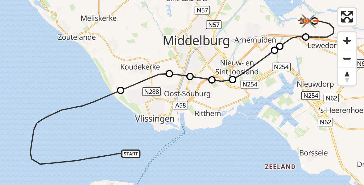 Vluchtroute Kustwachthelikopter Noordzee - Vliegveld Midden-Zeeland, 03 oktober 2026, 18:24
