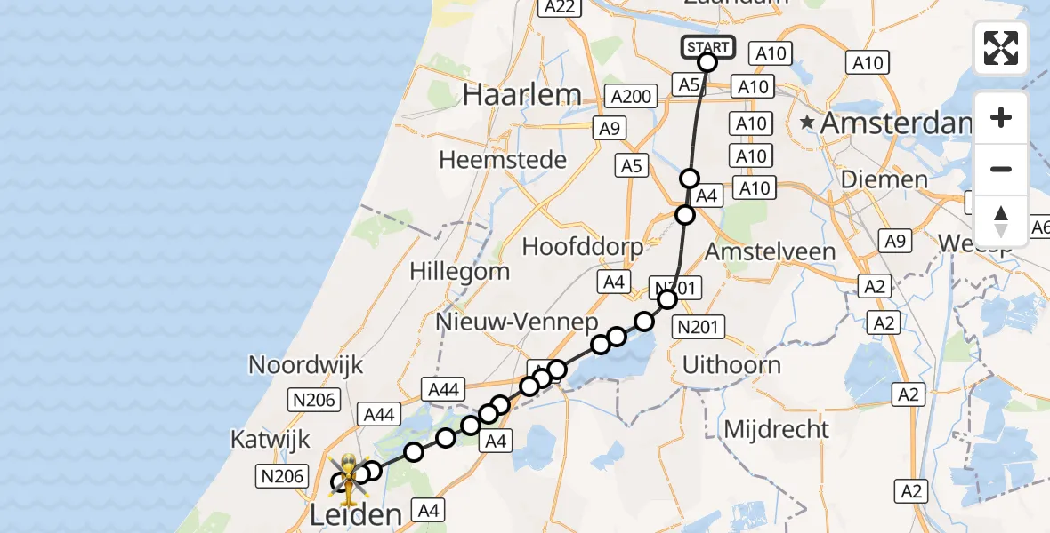 Vluchtroute Traumahelikopter Amsterdam Heliport - Leiden, 03 oktober 2026, 21:23