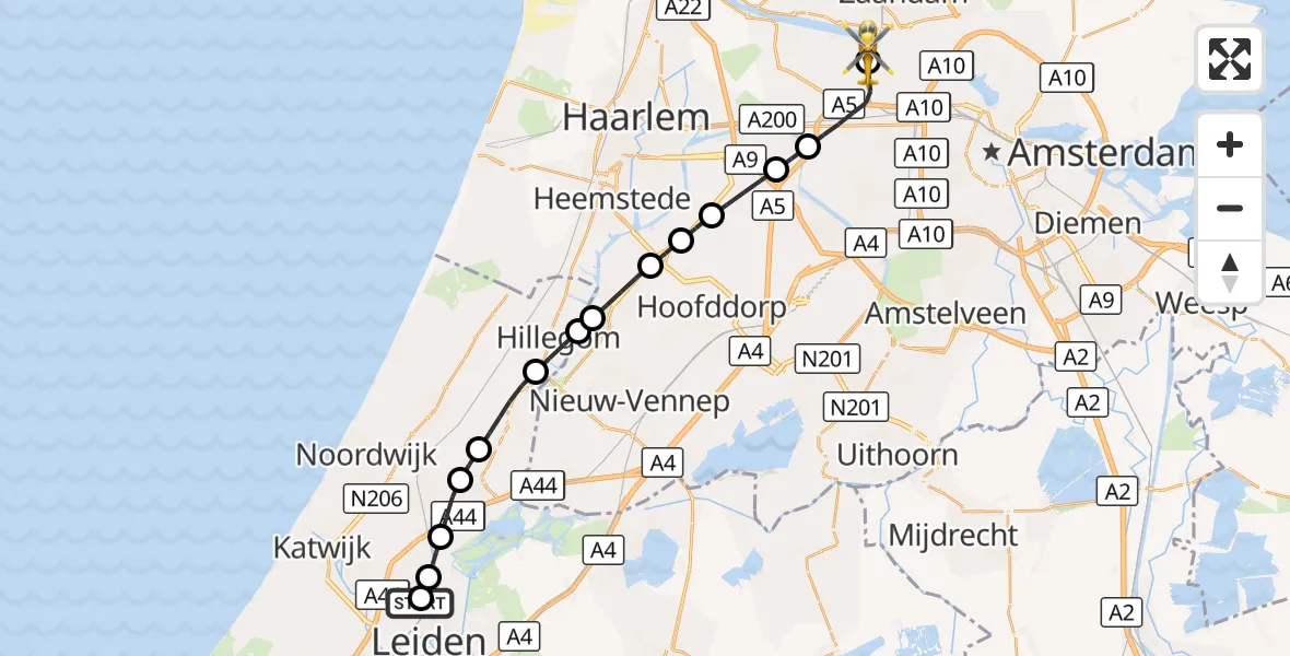 Vluchtroute Traumahelikopter Leiden - Amsterdam Heliport, 03 oktober 2026, 21:57