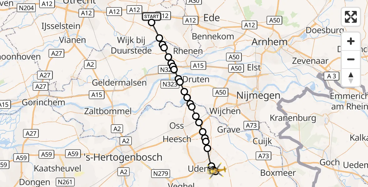 Vluchtroute Traumahelikopter Maarsbergen - Vliegbasis Volkel, 03 oktober 2026, 22:23