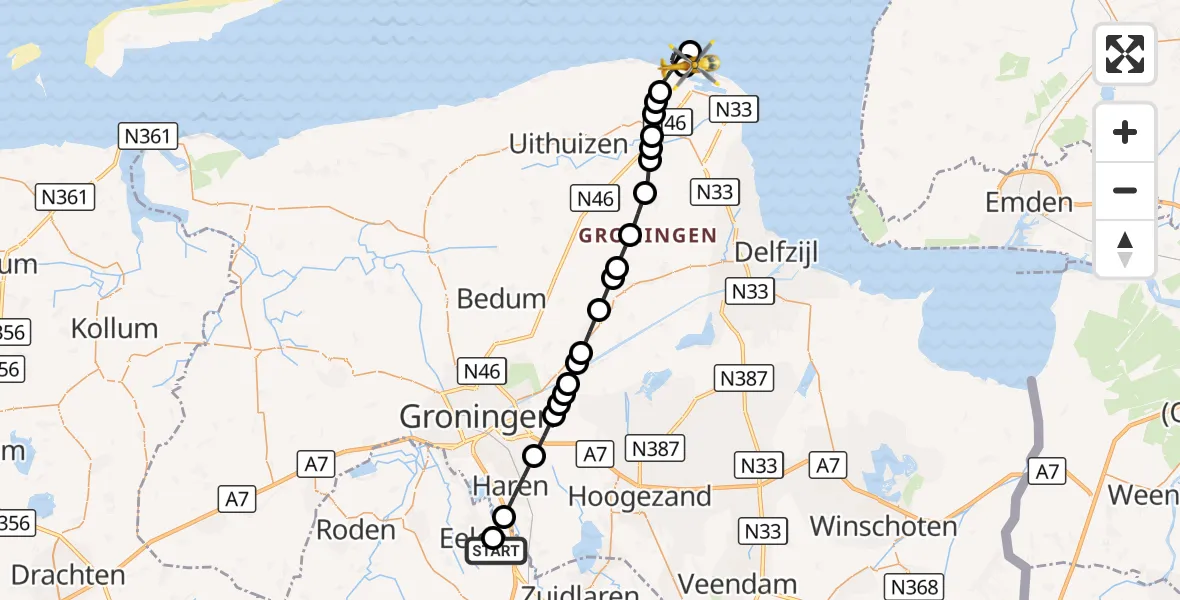 Vluchtroute Traumahelikopter Groningen Airport Eelde - Eemshaven Heliport, 03 oktober 2026, 22:31