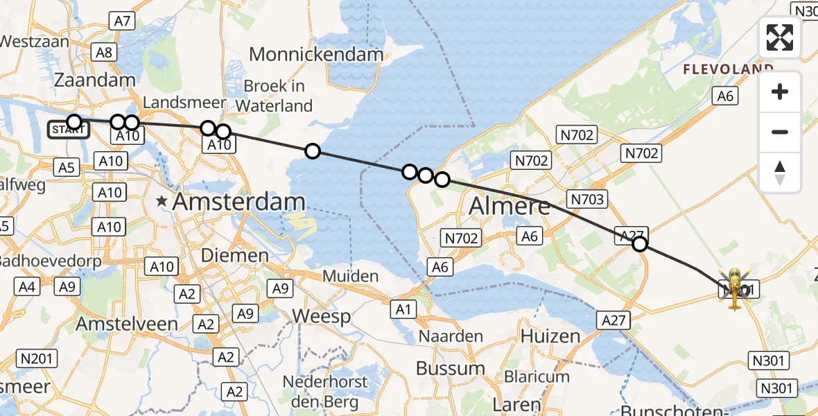 Vluchtroute Traumahelikopter Amsterdam Heliport - Zeewolde, 04 oktober 2026, 02:17