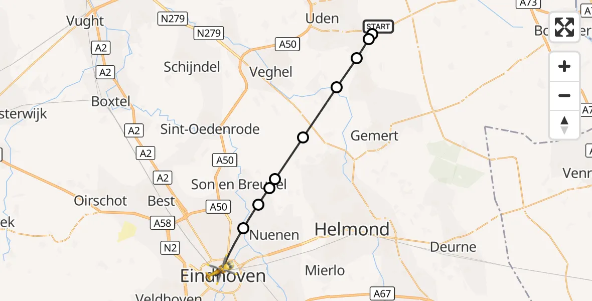 Vluchtroute Traumahelikopter Vliegbasis Volkel - Eindhoven, 04 oktober 2026, 02:18