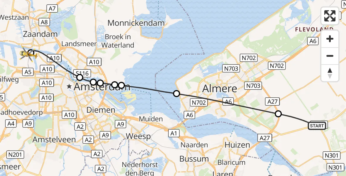 Vluchtroute Traumahelikopter Zeewolde - Amsterdam Heliport, 04 oktober 2026, 02:44