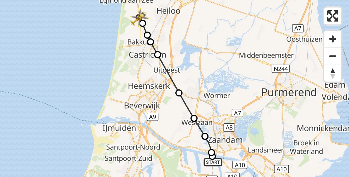 Vluchtroute Traumahelikopter Amsterdam Heliport - Egmond-Binnen, 04 oktober 2026, 03:32