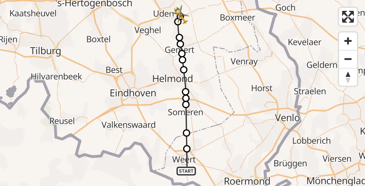 Vluchtroute Traumahelikopter Weert - Vliegbasis Volkel, 04 oktober 2026, 07:49