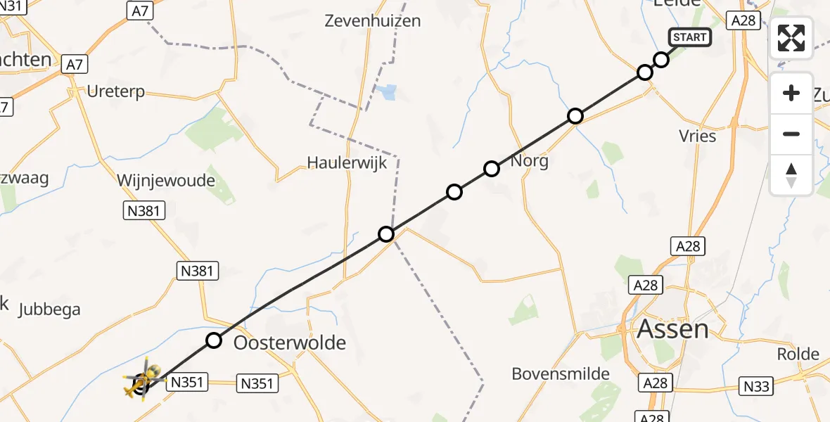Vluchtroute Traumahelikopter Groningen Airport Eelde - Makkinga, 04 oktober 2026, 08:22