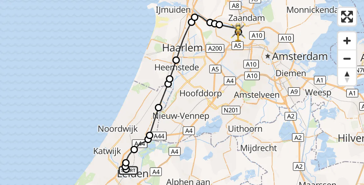 Vluchtroute Traumahelikopter Leids Universitair Medisch Centrum (LUMC) - Amsterdam Heliport, 04 oktober 2026, 09:14