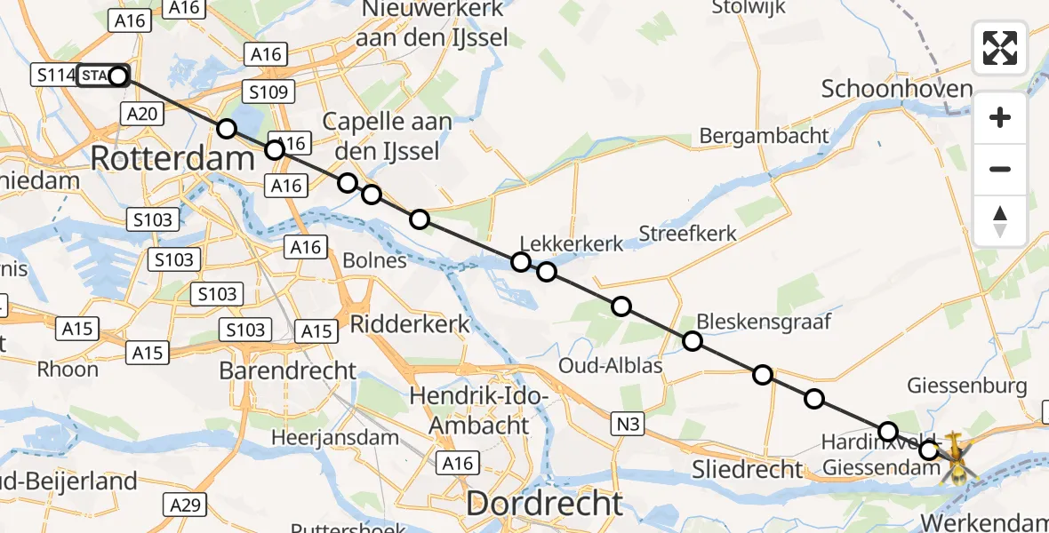 Vluchtroute Traumahelikopter Rotterdam The Hague Airport - Hardinxveld-Giessendam, 04 oktober 2026, 11:21