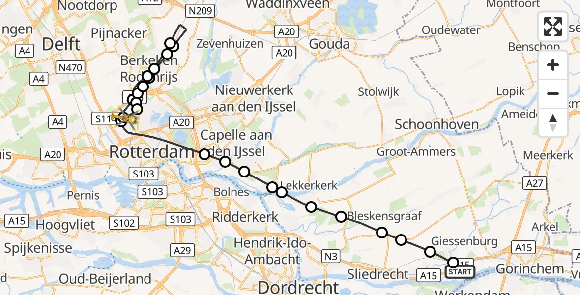 Vluchtroute Traumahelikopter Hardinxveld-Giessendam - Rotterdam The Hague Airport, 04 oktober 2026, 12:00