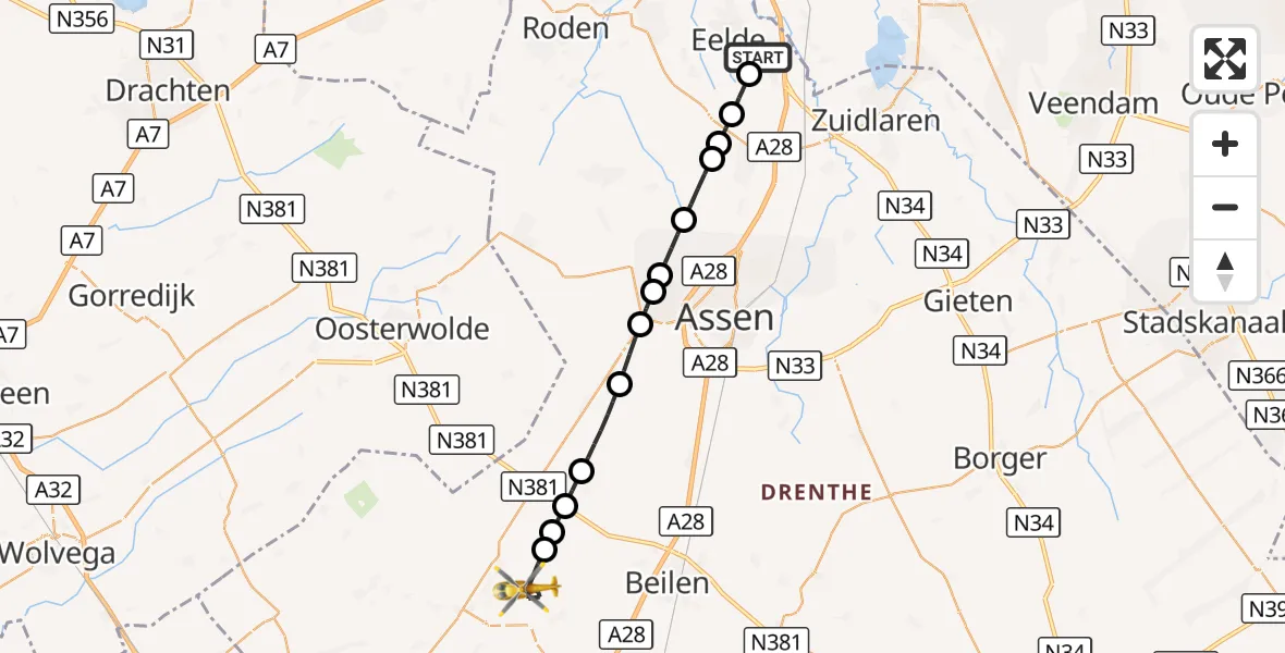 Vluchtroute Traumahelikopter Groningen Airport Eelde - Dwingeloo, 04 oktober 2026, 12:52