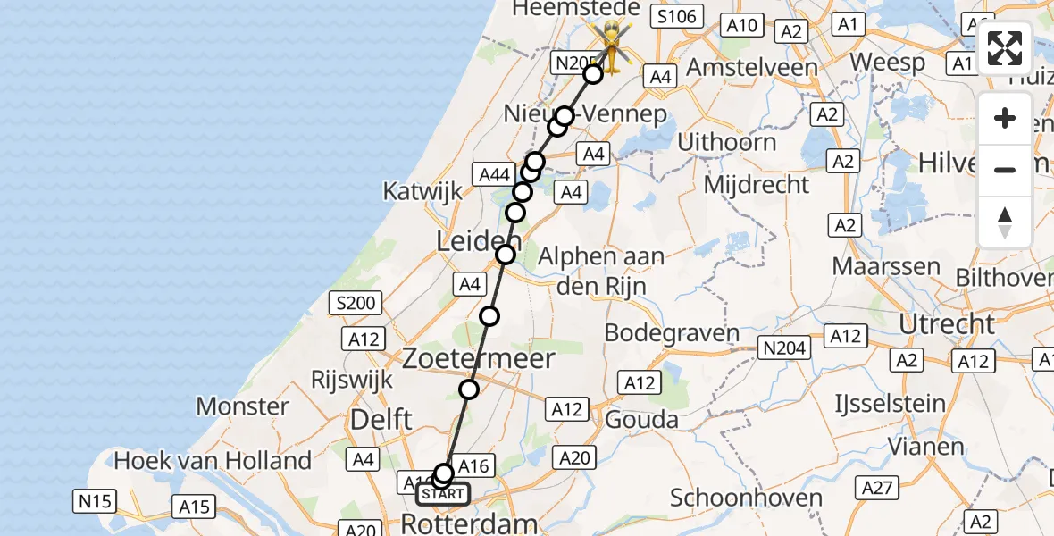 Vluchtroute Traumahelikopter Rotterdam The Hague Airport - Hoofddorp, 04 oktober 2026, 13:53