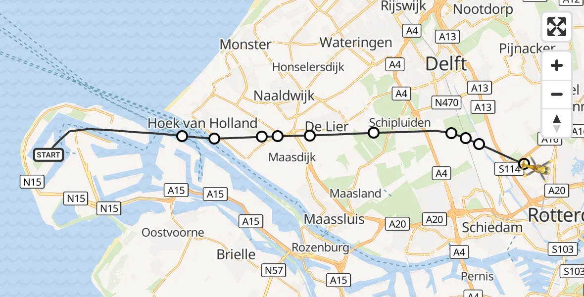 Vluchtroute Traumahelikopter Maasvlakte Rotterdam - Rotterdam The Hague Airport, 04 oktober 2026, 15:43