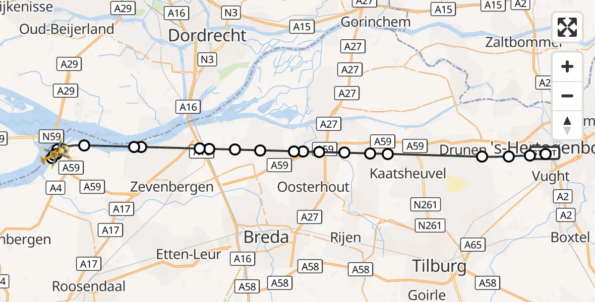 Vluchtroute Traumahelikopter 's-Hertogenbosch - Heijningen, 04 oktober 2026, 19:28