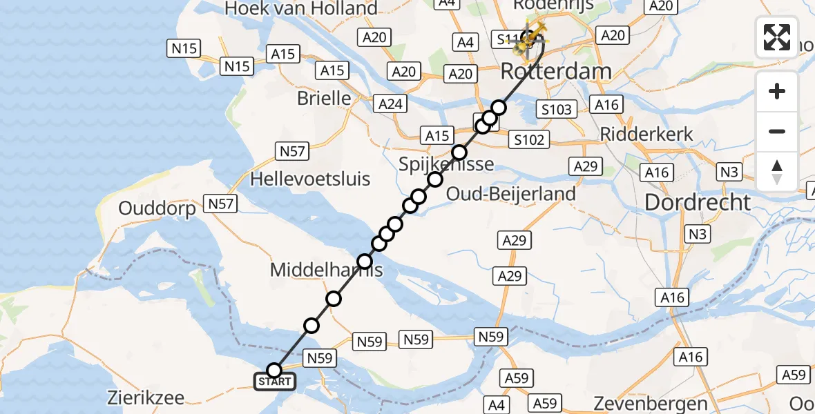 Vluchtroute Traumahelikopter Bruinisse - Rotterdam The Hague Airport, 05 oktober 2026, 15:28