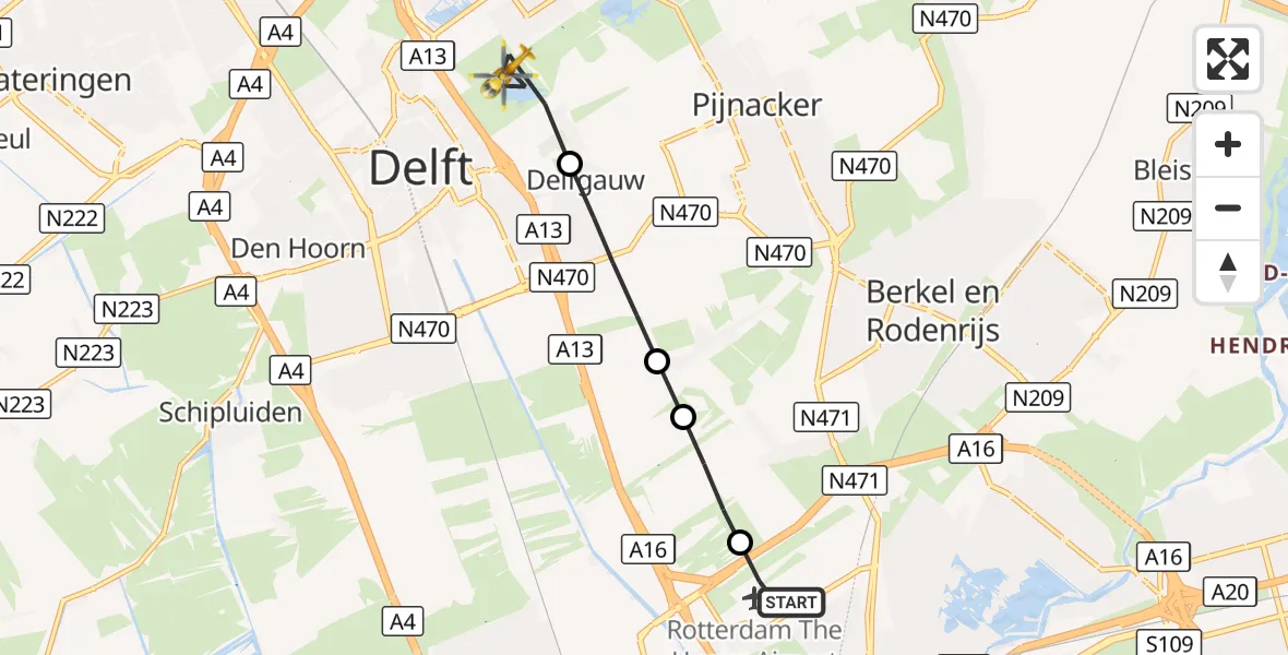 Vluchtroute Traumahelikopter Rotterdam The Hague Airport - Delft, 05 oktober 2026, 16:48