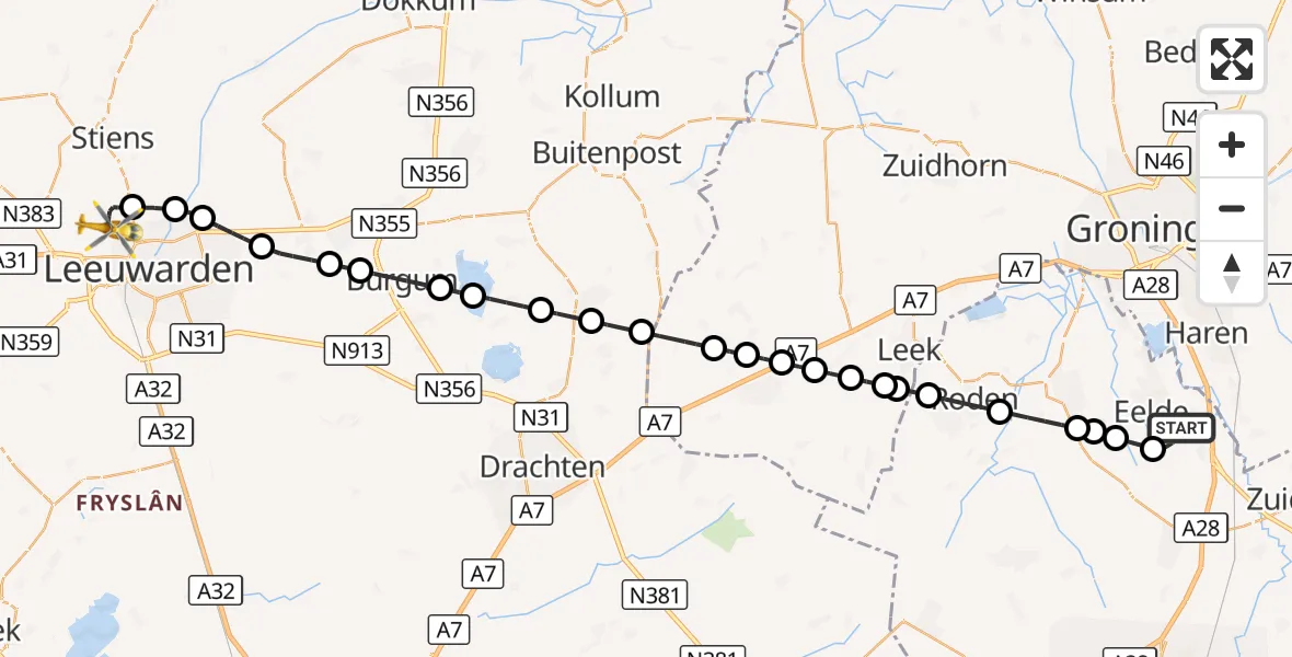 Vluchtroute Ambulancehelikopter Groningen Airport Eelde - Vliegbasis Leeuwarden, 05 oktober 2026, 17:01