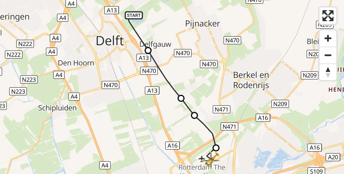 Vluchtroute Traumahelikopter Delft - Rotterdam The Hague Airport, 05 oktober 2026, 17:03