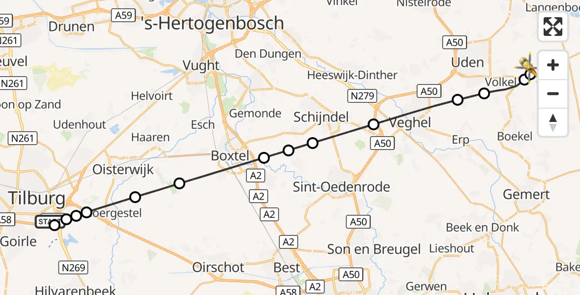Vluchtroute Traumahelikopter St. Elisabeth Hospital Heliport - Vliegbasis Volkel, 05 oktober 2026, 17:15