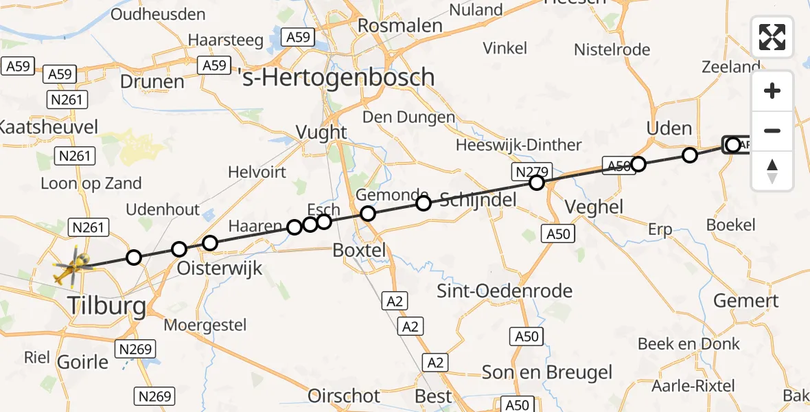 Vluchtroute Traumahelikopter Vliegbasis Volkel - Tilburg, 05 oktober 2026, 18:01