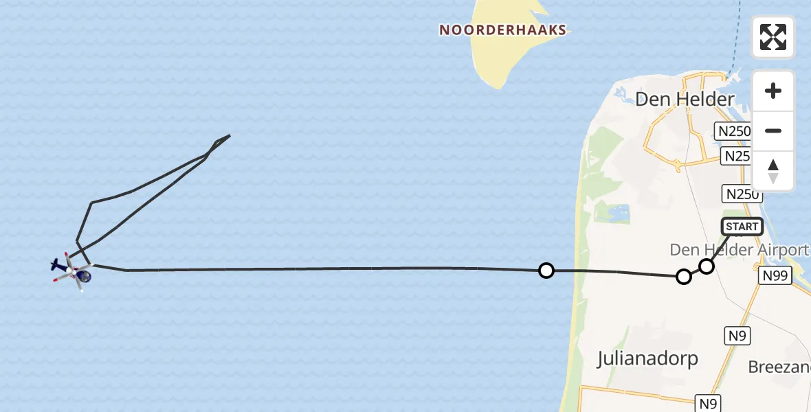 Vluchtroute Politiehelikopter Militair vliegveld De Kooy / Den Helder Airport - Noordzee, 06 oktober 2026, 12:44