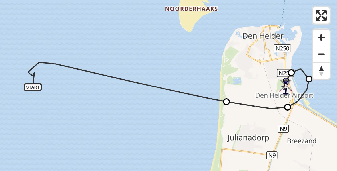 Vluchtroute Politiehelikopter Noordzee - Militair vliegveld De Kooy / Den Helder Airport, 06 oktober 2026, 13:25
