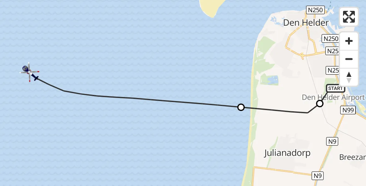 Vluchtroute Politiehelikopter Militair vliegveld De Kooy / Den Helder Airport - Noordzee, 06 oktober 2026, 13:37