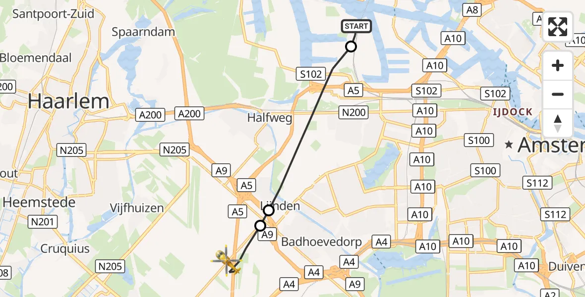Vluchtroute Traumahelikopter Amsterdam Heliport - Amsterdam Vliegveld Schiphol, 06 oktober 2026, 14:24