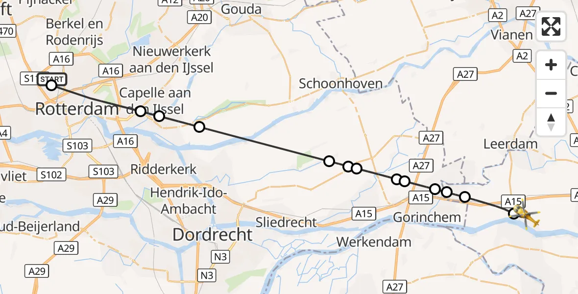 Vluchtroute Traumahelikopter Rotterdam The Hague Airport - Herwijnen, 06 oktober 2026, 17:00