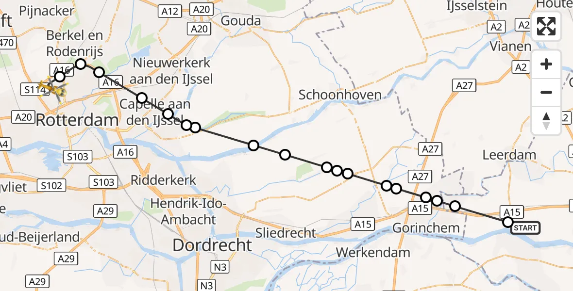Vluchtroute Traumahelikopter Herwijnen - Rotterdam The Hague Airport, 06 oktober 2026, 17:57