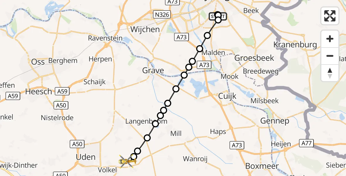 Vluchtroute Traumahelikopter Radboud Universitair Medisch Centrum - Vliegbasis Volkel, 06 oktober 2026, 18:02