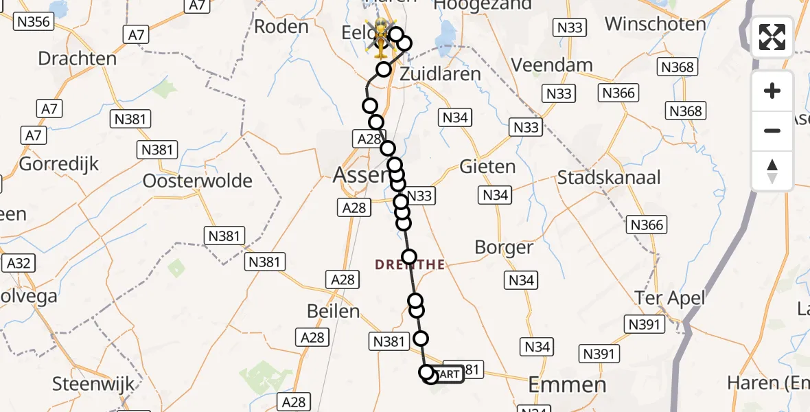 Vluchtroute Traumahelikopter Aalden - Groningen Airport Eelde, 06 oktober 2026, 18:15