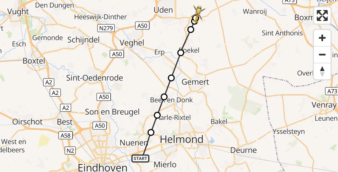 Vluchtroute Traumahelikopter Nuenen - Vliegbasis Volkel, 07 oktober 2026, 00:12
