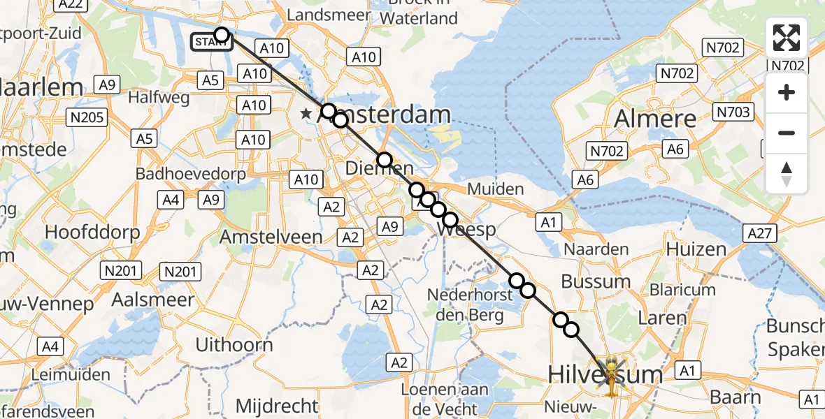 Vluchtroute Traumahelikopter Amsterdam Heliport - Hilversum, 07 oktober 2026, 07:26