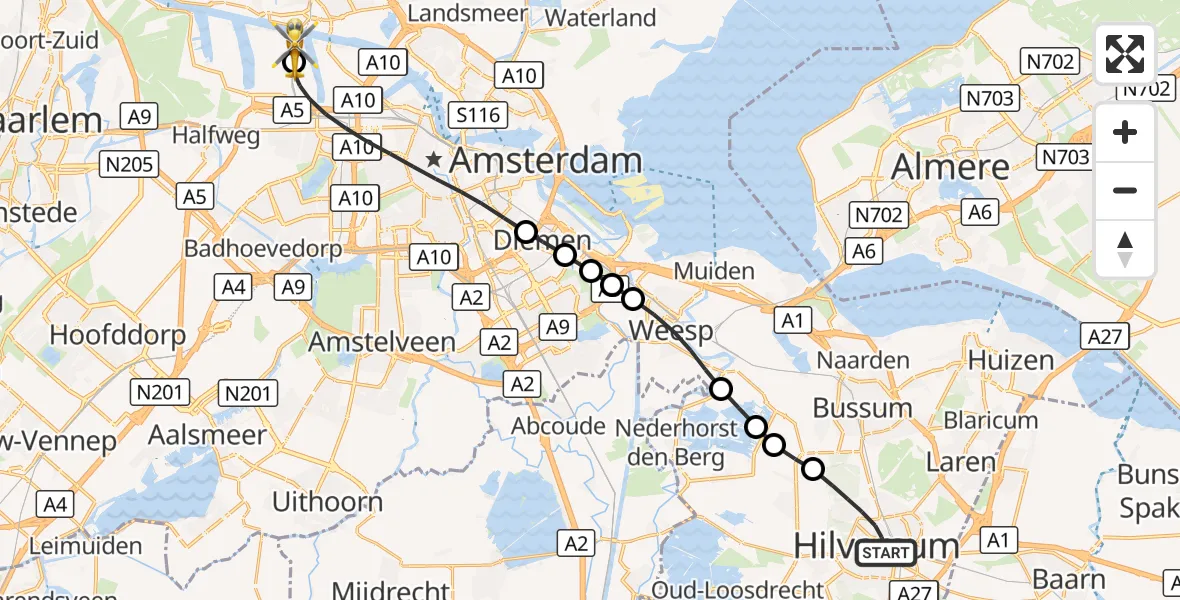 Vluchtroute Traumahelikopter Hilversum - Amsterdam Heliport, 07 oktober 2026, 07:59